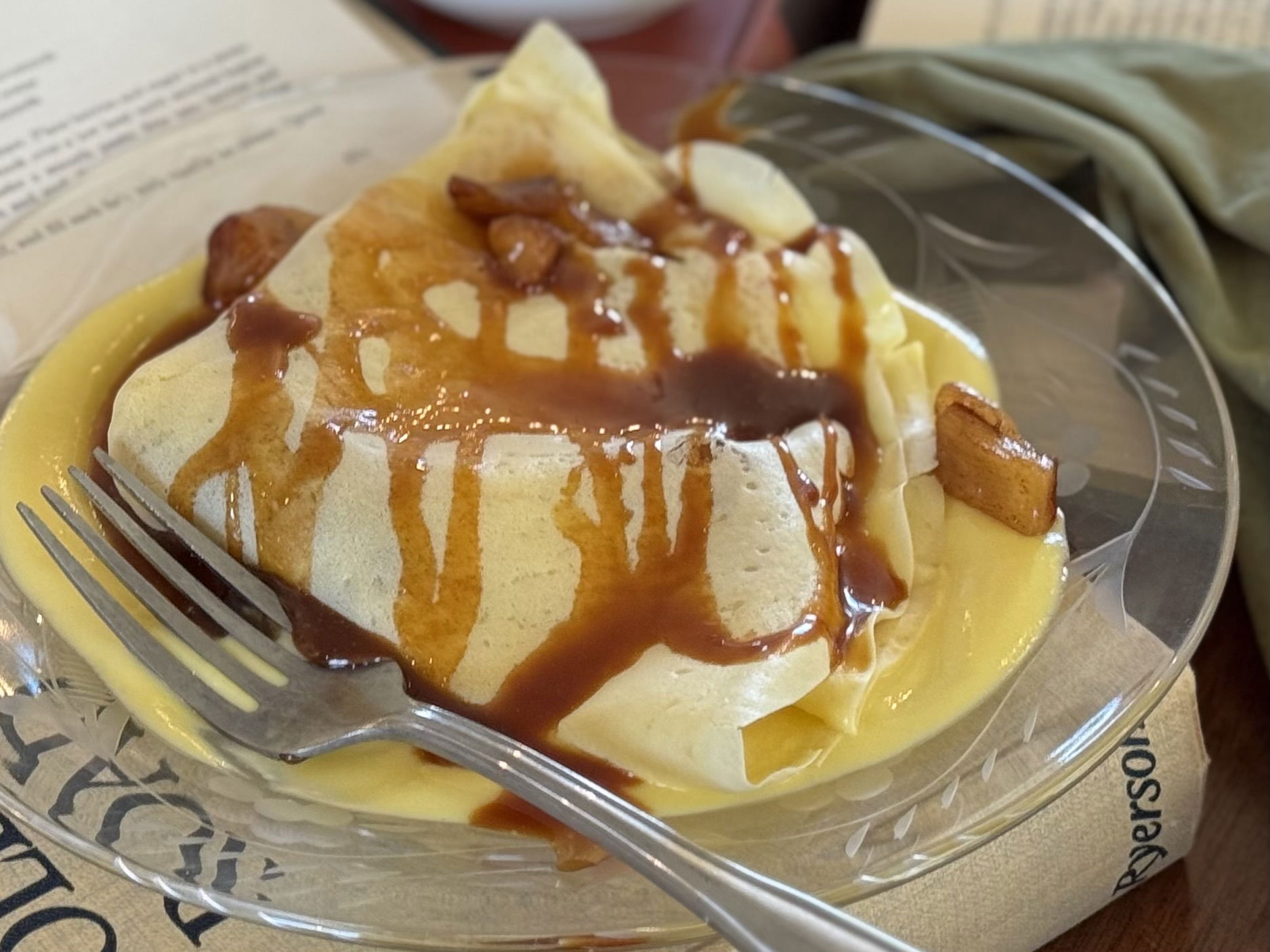 Apple Crepes with Cinnamon Custard and Caramel Sauce