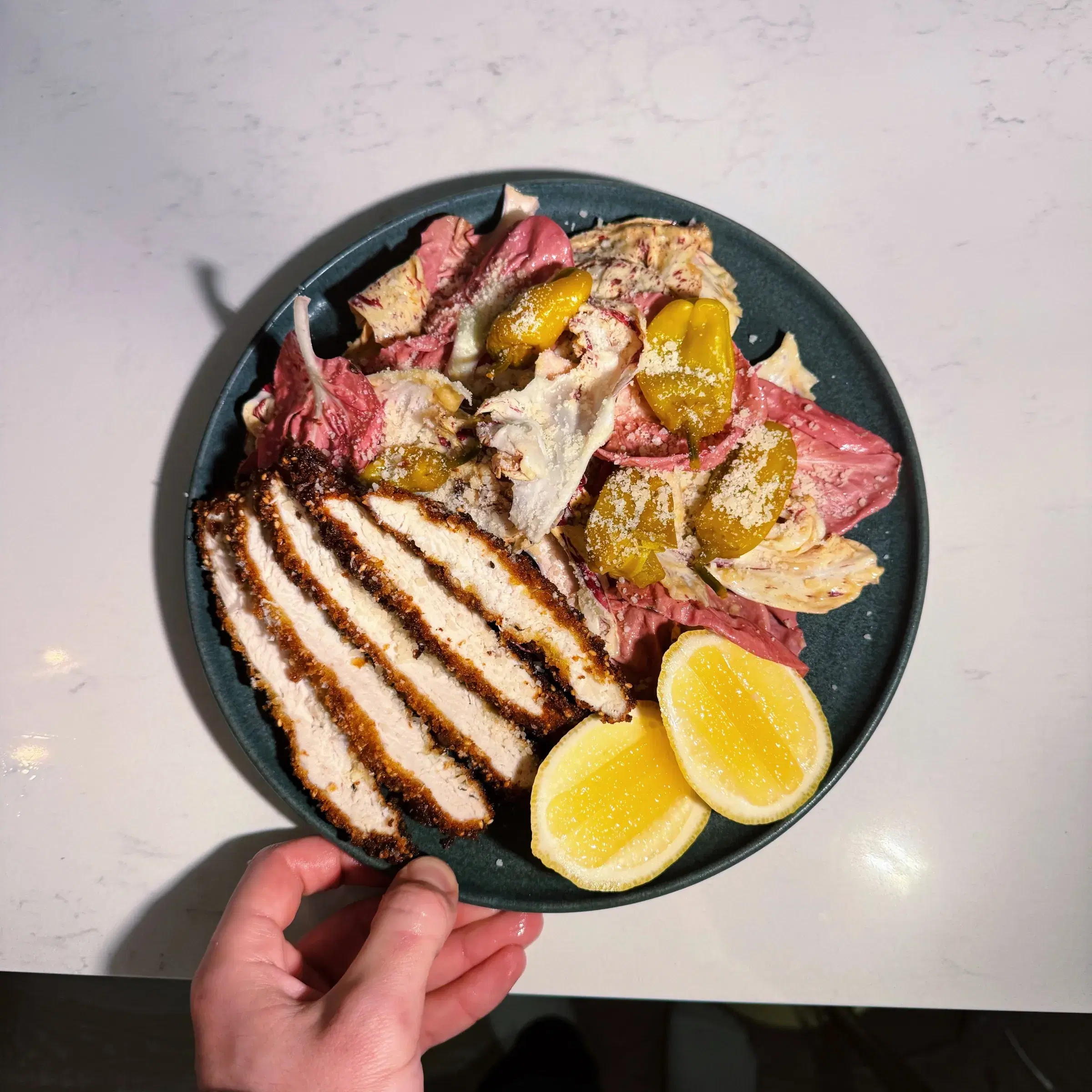 Pizza-Fried Chicken Cutlet with Radicchio Peperoncini Salad