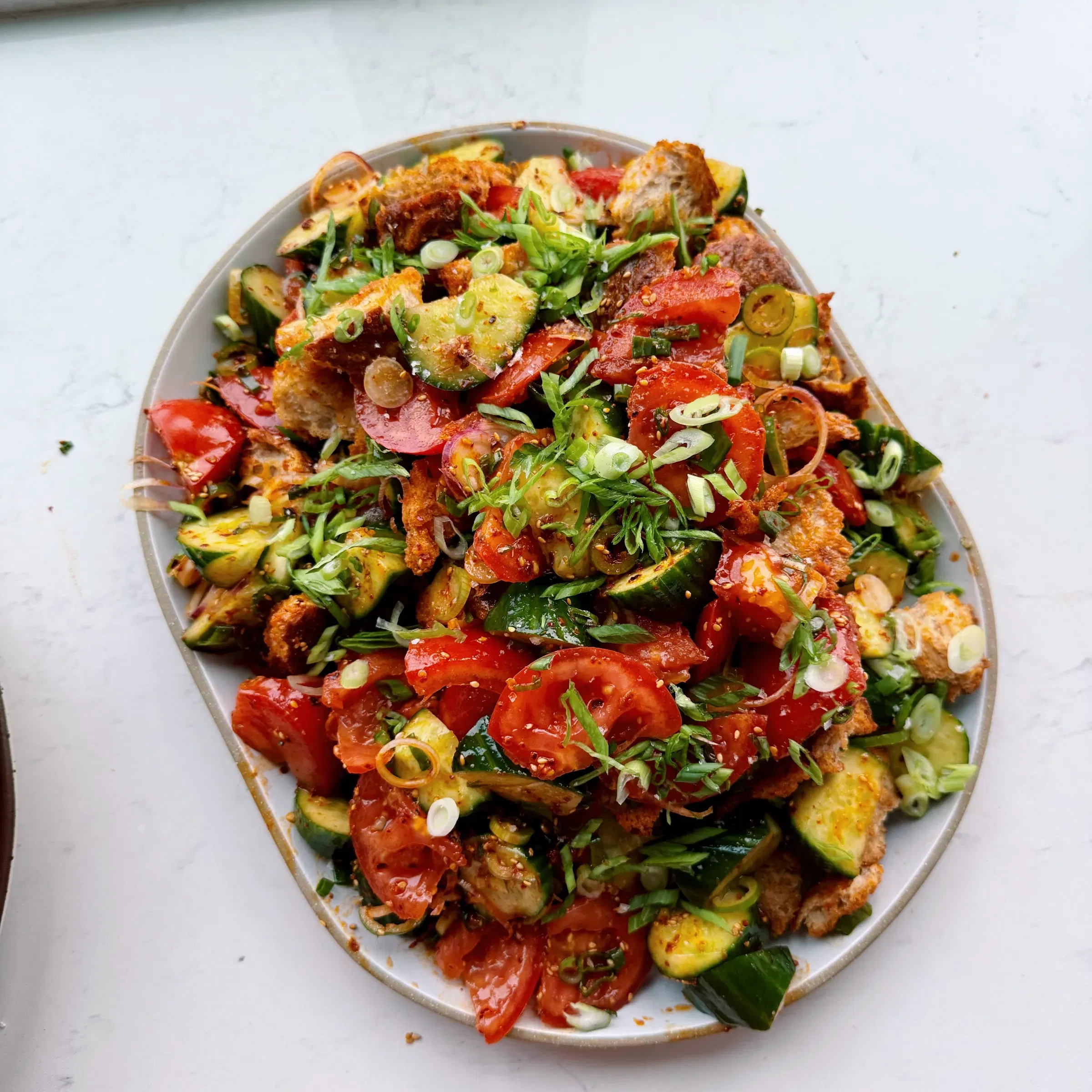 Chili Oil Panzanella with Sesame Croutons