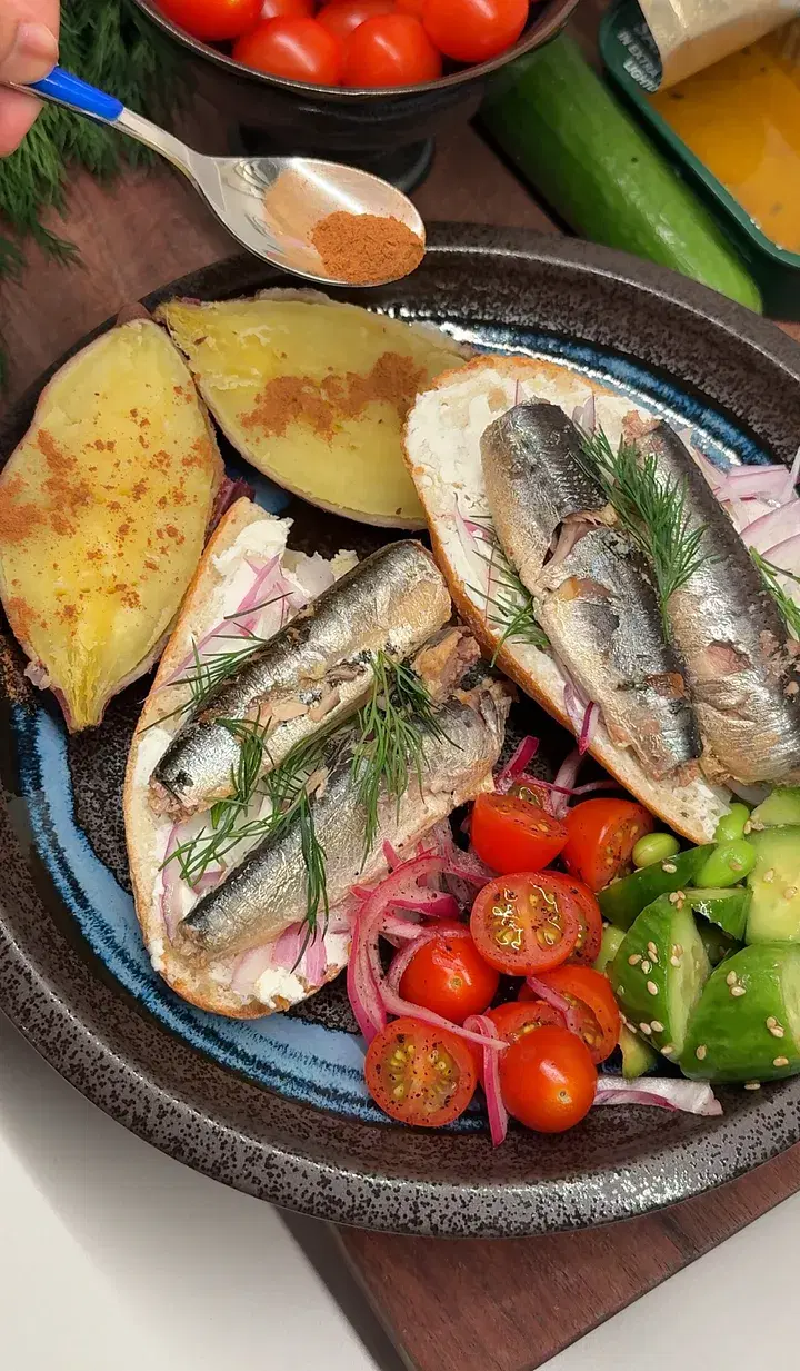 Post Workout Sardine Toast Meal with Fresh Sides