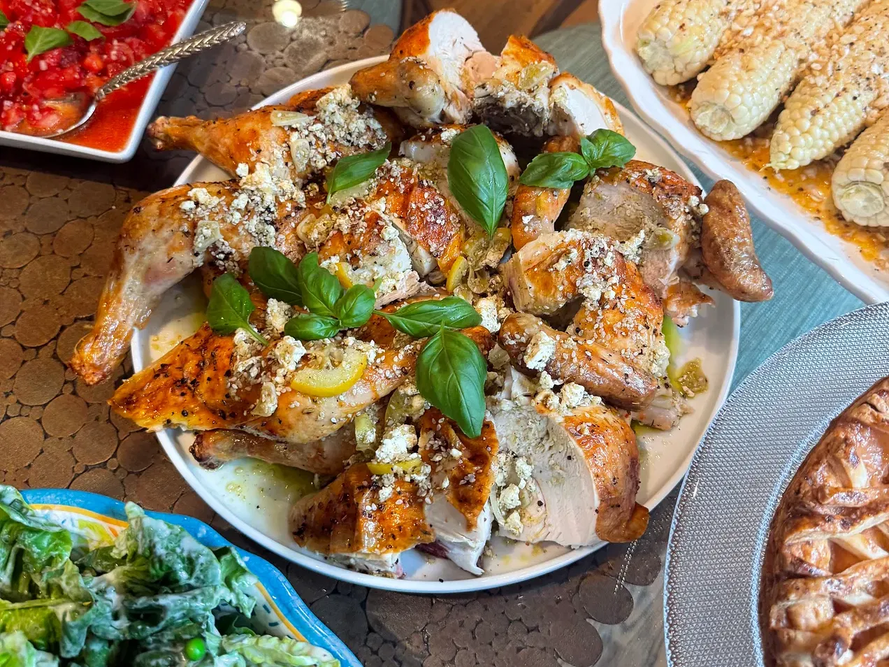 Basil Oil Roast Chicken with Feta & Sesame