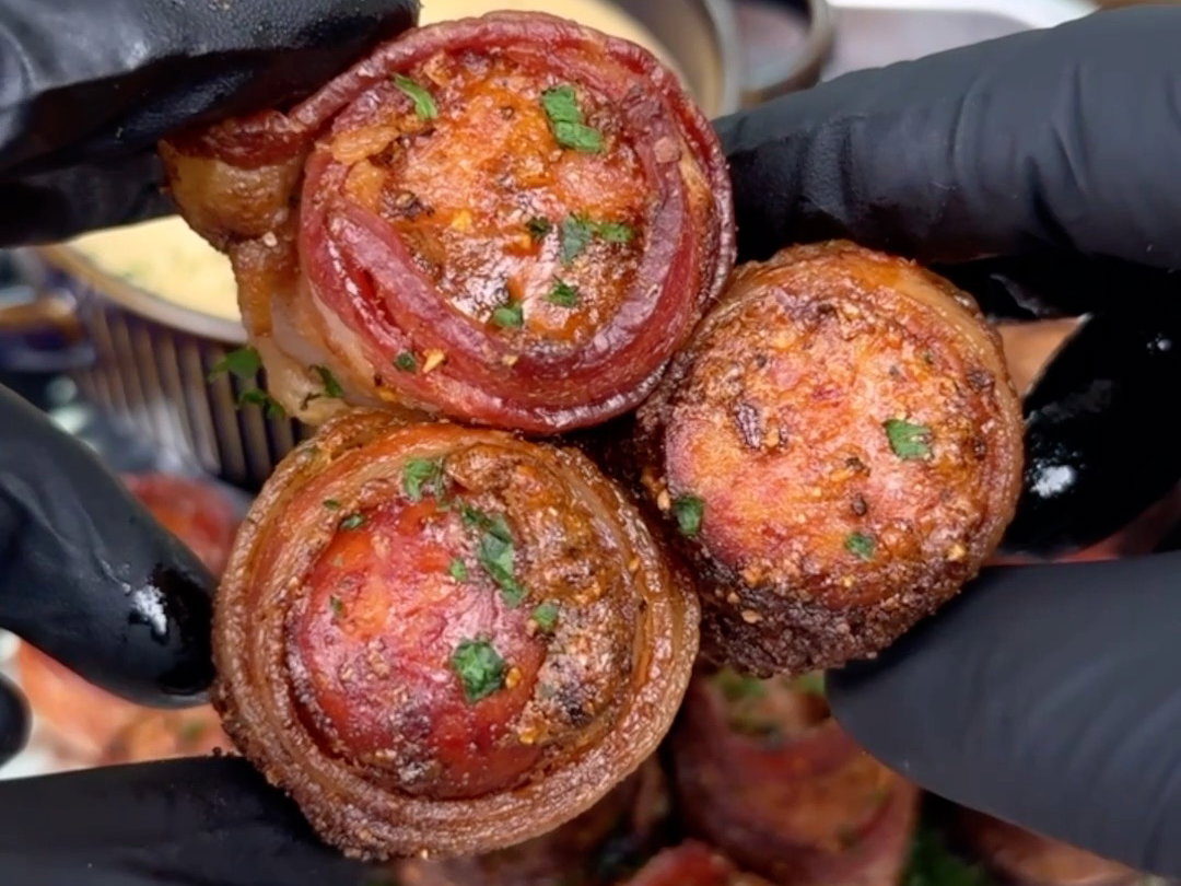 Bacon Wrapped Smoked Sausage Bites with Creamy Cheddar Cheese Sauce
