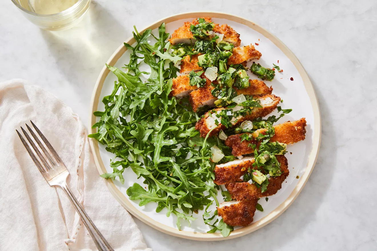 Crispy Chicken Cutlets with Lemon-Avocado Relish & Garlicky Greens