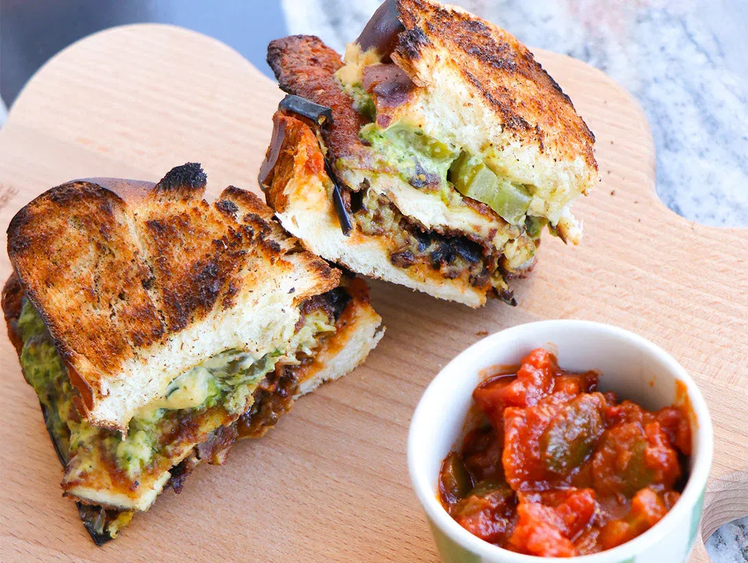 Challah, Schnitzel and Eggplant Sandwich
