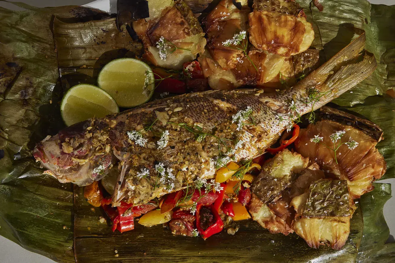 Banana Leaf-Wrapped Snapper & Breadfruit Tostones