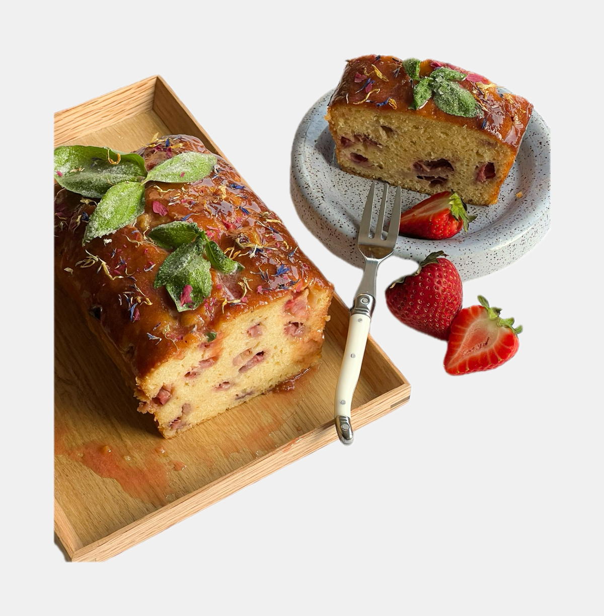 glazed strawberry loaf with candied basil