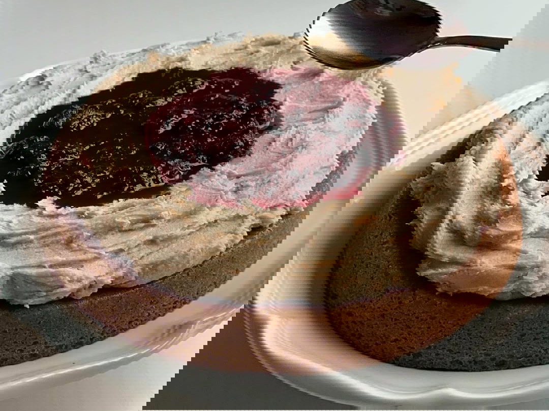 Cinnamon Cake with Brown Sugar Frosting and a Blackberry Compote