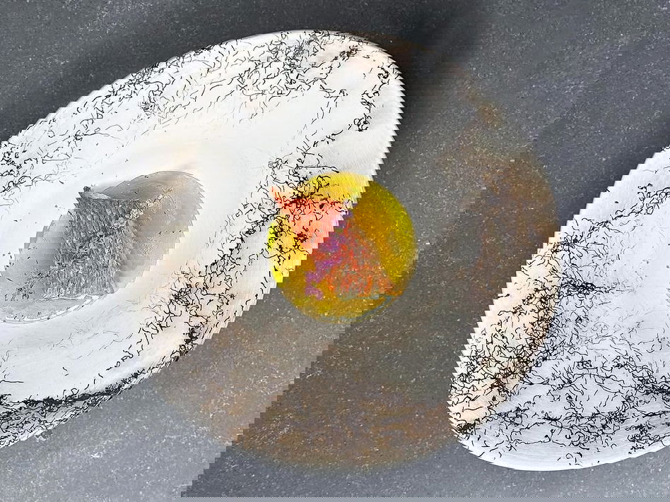 Dry-Aged Kinmedai Matsu Kasa with Ankake Sauce and Shiso Oil