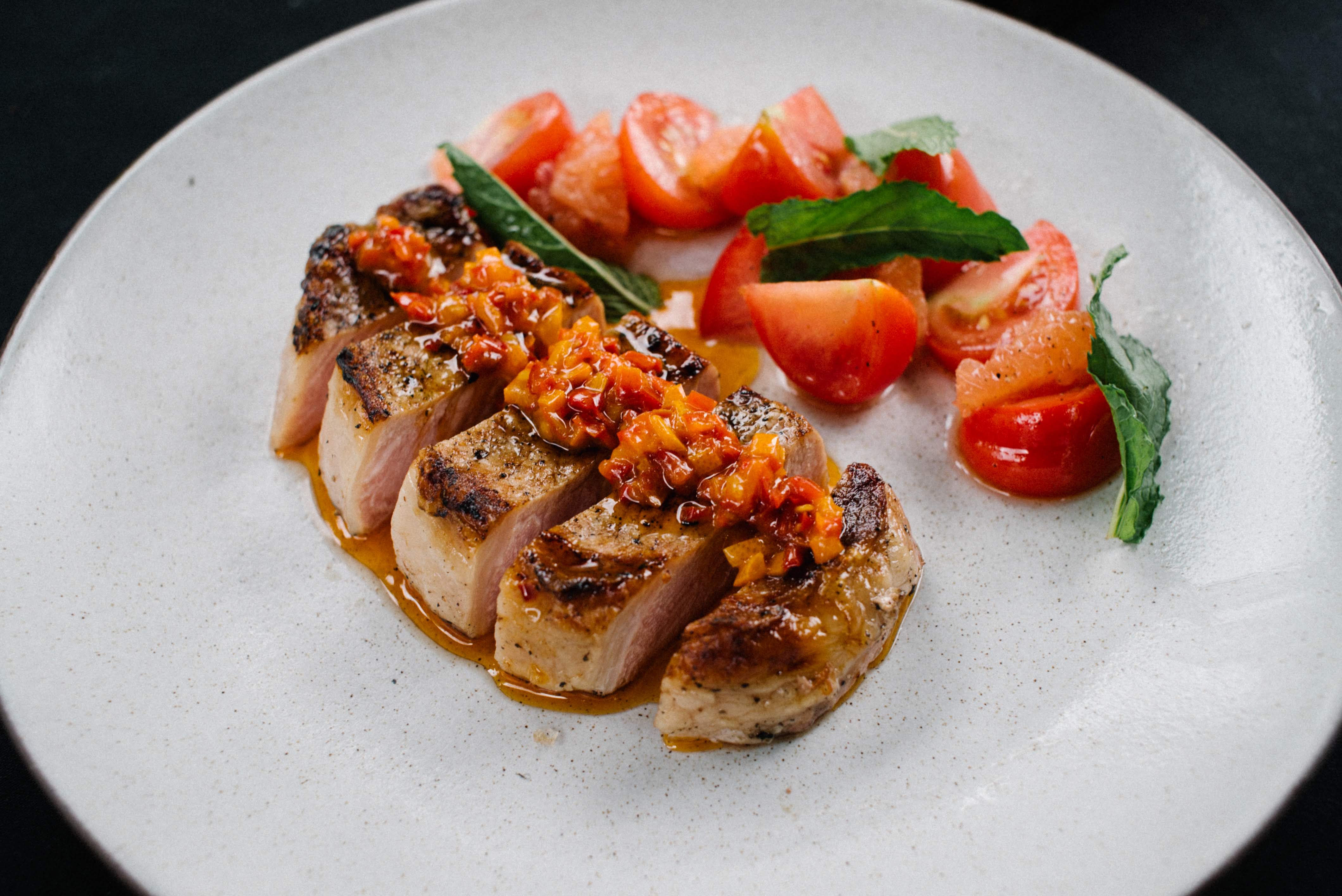Grilled Buttermilk-Marinated Pork Chops with Tomato-Pepper Relish