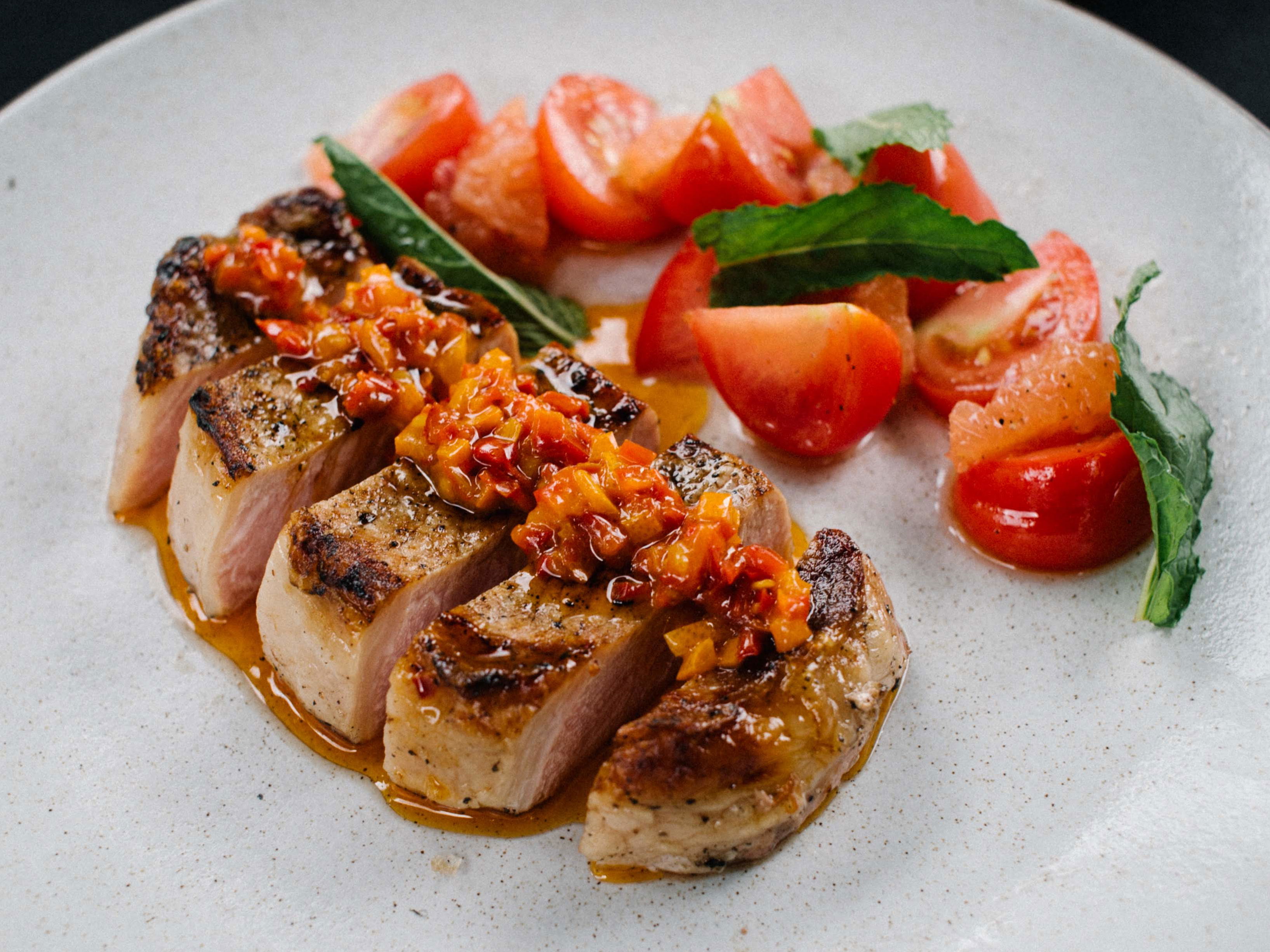 Grilled Buttermilk-Marinated Pork Chops with Tomato-Pepper Relish